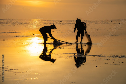 Obraz na plátně Fishermen at Quang Lang beach, Thai Binh, casting nets at sunrise