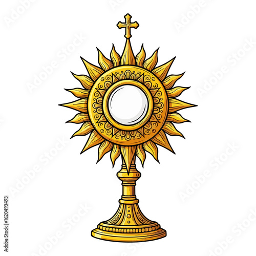 Cartoon of a golden Catholic monstrance, sun shaped with a white host in the center. Vector flat design cartoon. AI generated images.