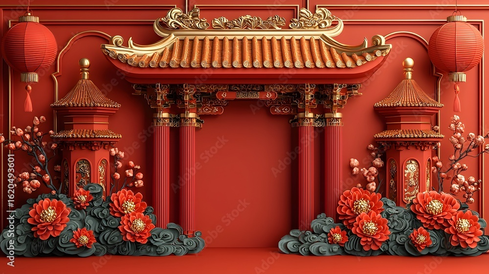 Obraz premium Ornate Asian inspired frame with golden pagoda corners and vibrant floral accents