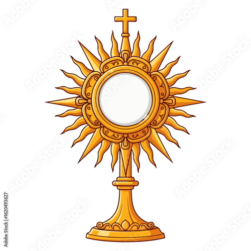 Cartoon of a golden Catholic monstrance, sun shaped with a white host in the center. Vector flat design cartoon. AI generated images.