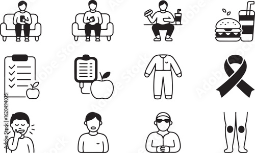 A set of line icons illustrating concepts of health, disease,lifestyle, and wellness. Includes symbols for obesity, diet, sickness, and awareness.