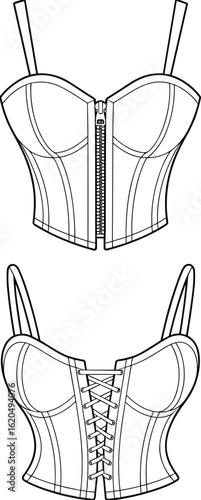 Women's corset top flat sketch, front and back view, zipper and lace up, technical fashion cad drawing