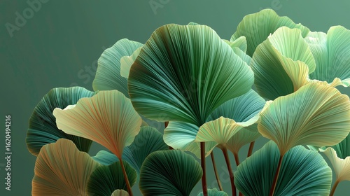 Green Ginkgo Leaves with Elegant Fan-shaped Foliage on Dark Background