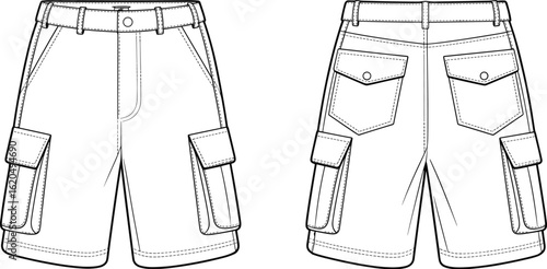 Men’s cargo shorts front and back view, technical flat sketch, vector illustration, fashion design drawing, apparel CAD template