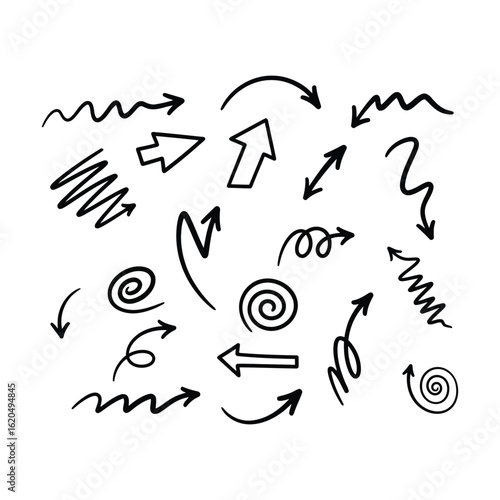 Hand-drawn vector doodle arrow collection, featuring various sketched pointers, spiral and direction symbols