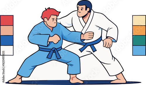 Two men in martial arts uniforms sparring fighters judo