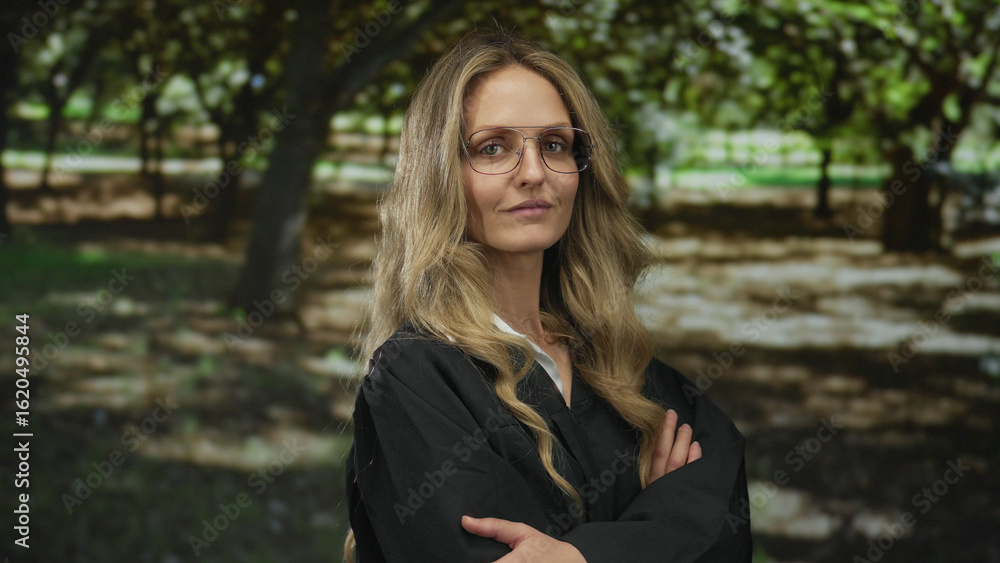 Young blonde woman judge in uniform stands confidently in a green park setting, capturing an image of authority and nature. Young blonde woman judge in uniform stands confidently in a green park setting, capturing an image of authority and nature.