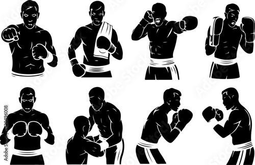 pure black silhouette vector illustrations of a boxing coach giving instructions