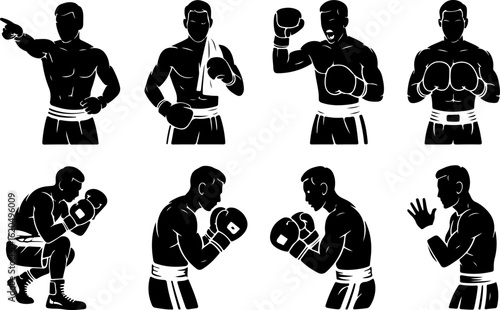 pure black silhouette vector illustrations of a boxing coach giving instructions