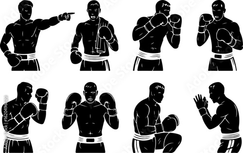 pure black silhouette vector illustrations of a boxing coach giving instructions