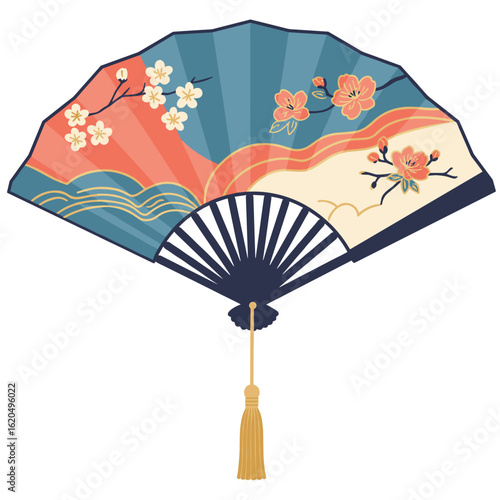 Decorative fan with tassel and floral pattern in soft color palette. SVG on transparent background