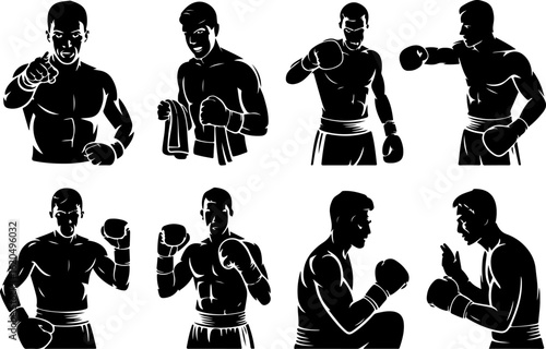 pure black silhouette vector illustrations of a boxing coach giving instructions