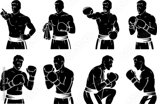 pure black silhouette vector illustrations of a boxing coach giving instructions