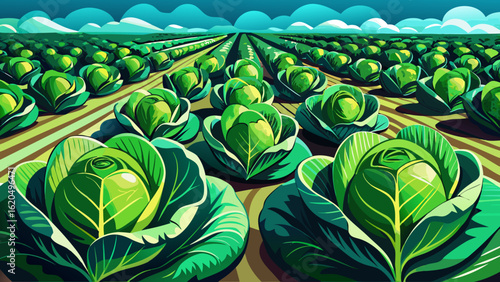 Vibrant green cabbages growing in neat rows.