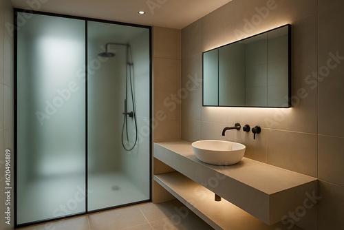 Modern bathroom with frosted glass, wall-mounted faucets, and built-in lighting