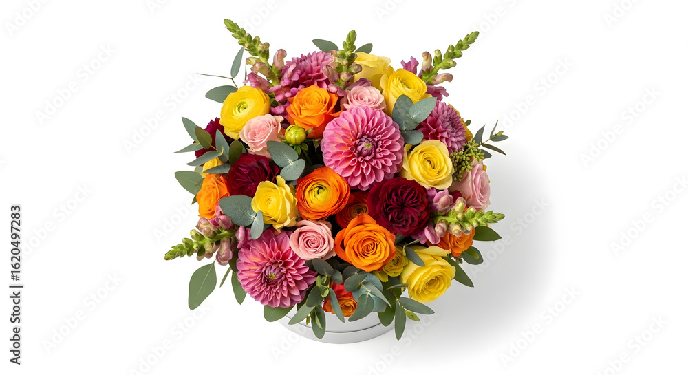 Fototapeta premium Elegant Floral Arrangement with Dahlias, Roses, and Ranunculus on White Background