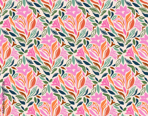 Hand drawn floral damask seamless pattern. Hawaiian flower print, summer holiday background in vintage style. Tropical plant painting. Design for fabric, textile, wallpaper and decoration.
