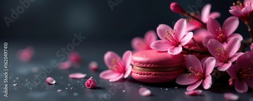Elegant bordeaux macarons adorned with delicate pink spring blossoms against a dark backdrop , baking, pink, studio shot
