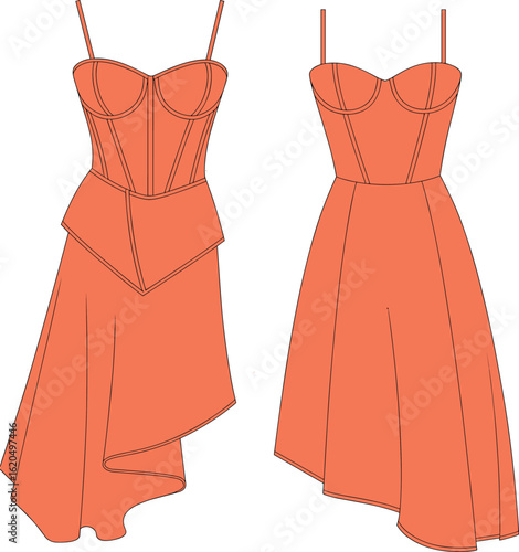 Corset dress fashion sketch, asymmetrical hem dress design, women’s elegant eveningwear template, bustier bodice illustration, technical garment drawing