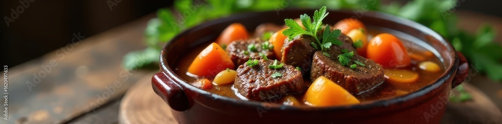 Hearty beef stew with root vegetables in a rustic pot, latin american, delicious, braised Hearty beef stew with root vegetables in a rustic pot, latin american, delicious, braised