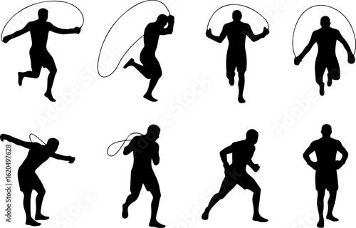 silhouette vector illustrations of a boxer doing jump rope warmup exercises 