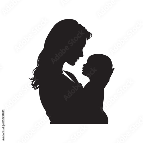  Heartwarming silhouette of a mother gently holding her baby while gazing lovingly at them, symbolizing maternal care, motherhood, family bond, and emotional connection.