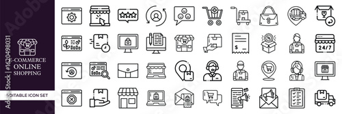 E-commerce and Online Shopping Outline Icons – Cart, Mobile Store, Payment, Delivery, Sale, Checkout, and Retail Business Symbols