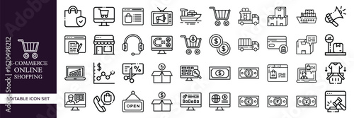 E-commerce and Online Shopping Outline Icons – Cart, Mobile Store, Payment, Delivery, Sale, Checkout, and Retail Business Symbols
