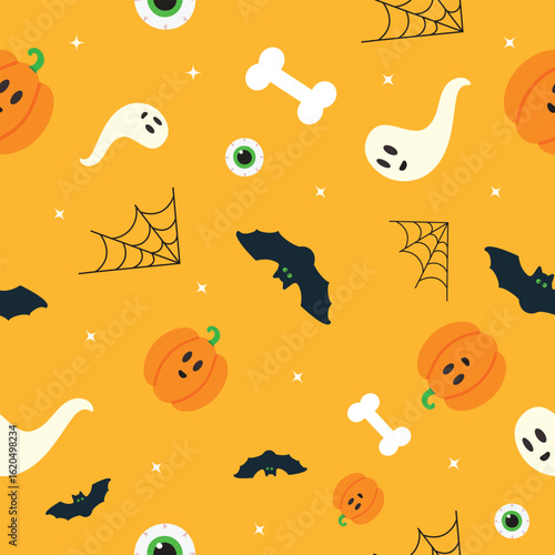 Halloween seamless pattern including cute pumpkin, ghost,  bat, spider web, bone and eye
