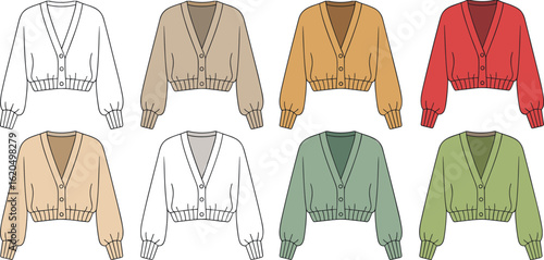 Women cropped cardigan sweater flat sketch, front view colored variations, ribbed cuffs hem, fashion cad vector illustration