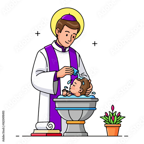 Baptismal flat design, Catholic priest pouring water on baby's head. Vector flat design cartoon. AI generated images.