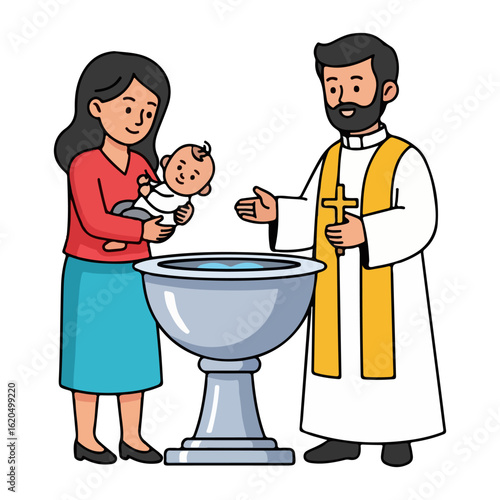 Baptismal flat design, baby carried by mother approaching priest. Vector flat design cartoon. AI generated images.
