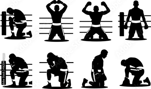 silhouette vector illustrations of a boxer kneeling in the ring