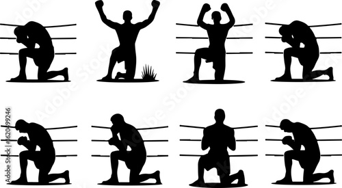 silhouette vector illustrations of a boxer kneeling in the ring