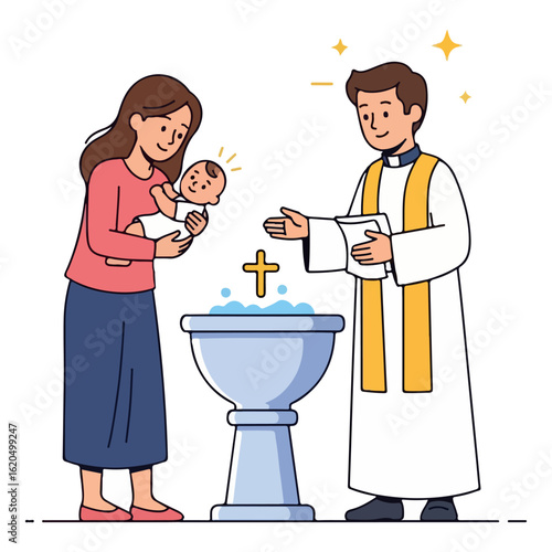 Baptismal flat design, baby carried by mother approaching priest. Vector flat design cartoon. AI generated images.