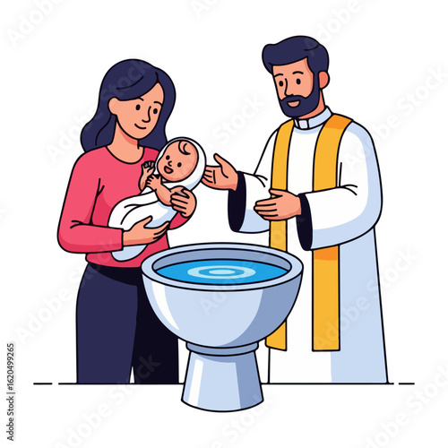Baptismal flat design, baby carried by mother approaching priest. Vector flat design cartoon. AI generated images.