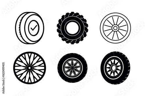 Six different black and white wheel icons tire car wheel