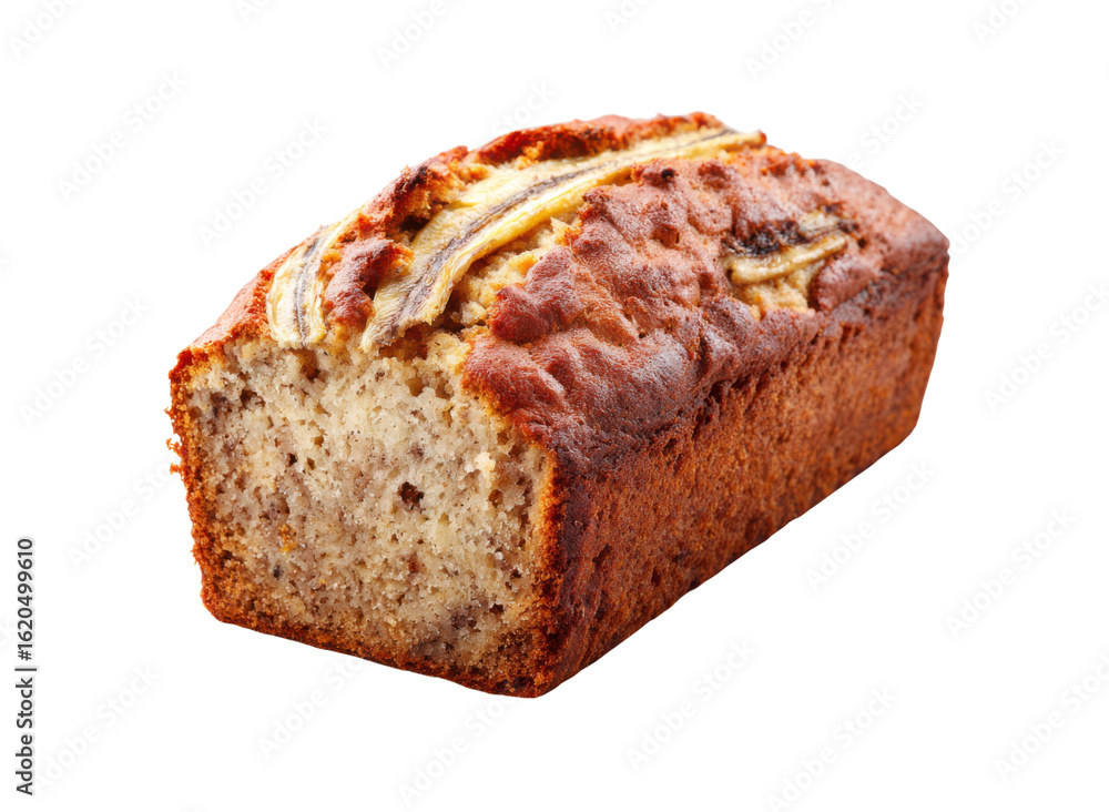 Golden brown baked banana loaf with sliced fruit topping bread, Isolated, Png Transparent Background Golden brown baked banana loaf with sliced fruit topping bread, Isolated, Png Transparent Background