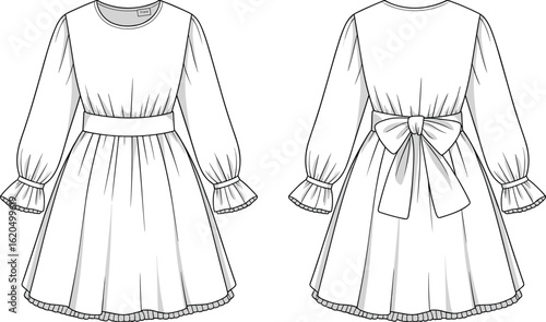Girls long sleeve ruffle dress flat sketch, front back view with waist belt, bow tie, vector illustration