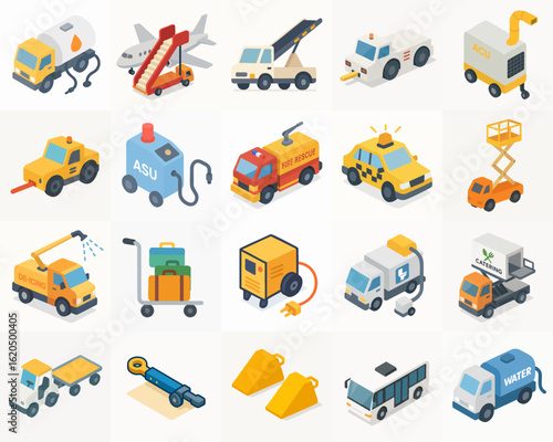 Isometric Detailed Airport Ground Service Vehicle Equipment Transportation Element Set