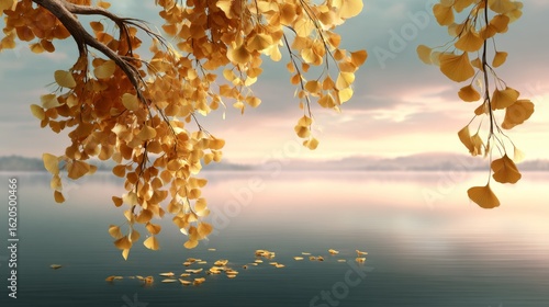 Autumn ginkgo leaves on branches hanging over calm water. Fall season background with beautiful natural scenery for greeting card.
