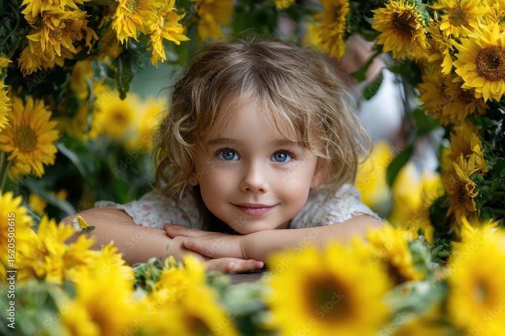 Smiling child surrounded by bright sunflowers in a vibrant garden setting Smiling child surrounded by bright sunflowers in a vibrant garden setting
