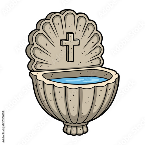 Holy water vector, shaped like a small shell made of stone, attached to the wall. Vector flat design cartoon. AI generated images.