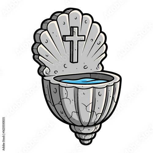 Holy water vector, shaped like a small shell made of stone, attached to the wall. Vector flat design cartoon. AI generated images.