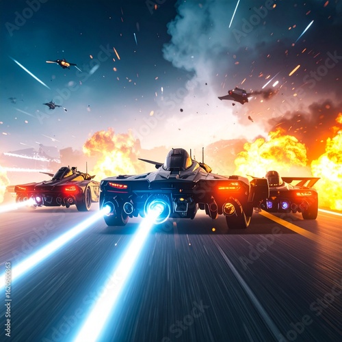 Futuristic vehicles race through a fiery, space-battle-filled landscape.