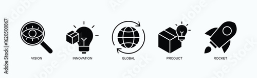 Future Forward Icon Set Isolated Vector With Icon Of Vision, Innovation, Global, Product, Rocket In Glyph Style