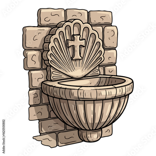Holy water vector, shaped like a small shell made of stone, attached to the wall. Vector flat design cartoon. AI generated images.