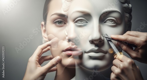 Artistic double exposure creates conceptual image about beauty, transformation, perfection. metaphor for plastic surgery, pressure of beauty standard, self-improvement, creation of idealized identity