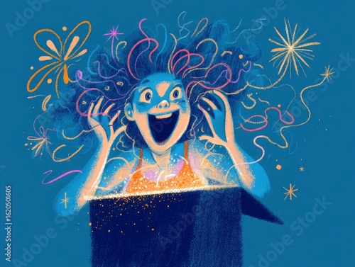 artoon-style exaggerated happy reaction of a person opening a delivery box filled with glowing magical sparkles, bold lines and joyful palette, style cartoon