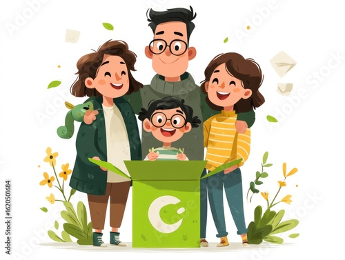 Cartoon family excitedly opening a green delivery box with minimal branding and a note about carbon-neutral shipping, style cartoon
